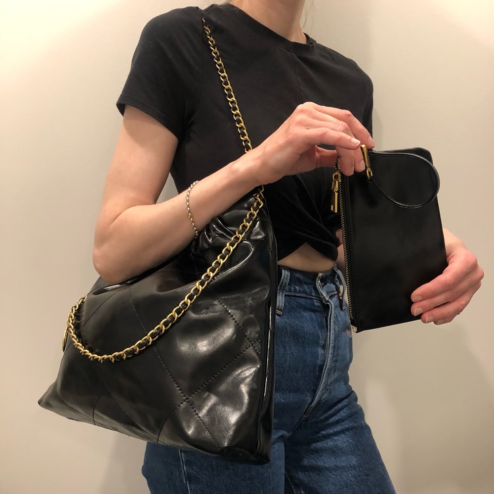 Black Quilted Shoulder Bag with Gold Chain Strap - Picture 7 of 8